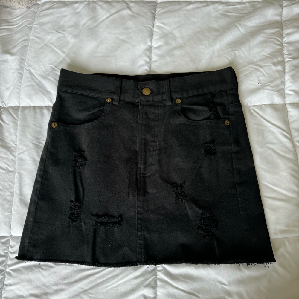 Olivaceous Black Distressed Denim Mini Skirt with Gold Hardware Size S